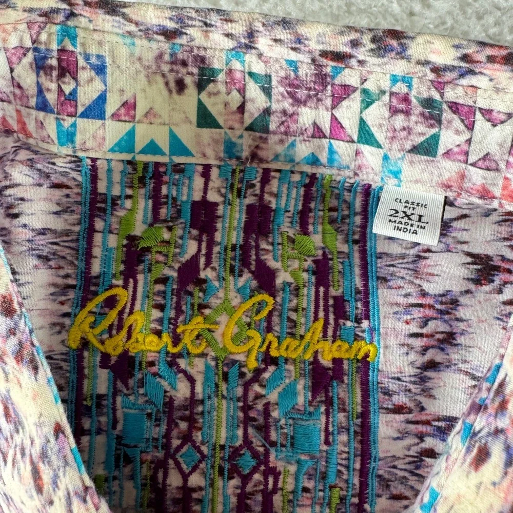 Y2K Robert Graham Dress Shirt Button Up AOP Geometric Flip Cuff 2XL XXL Purple